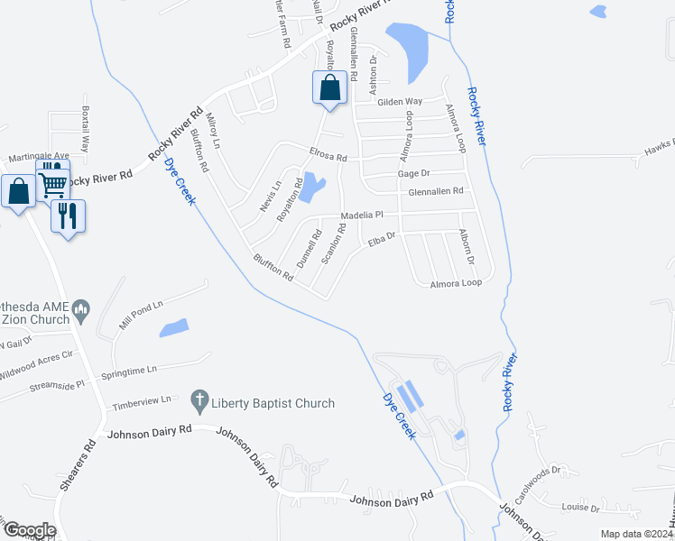 map of restaurants, bars, coffee shops, grocery stores, and more near 123 Elba Drive in Mooresville