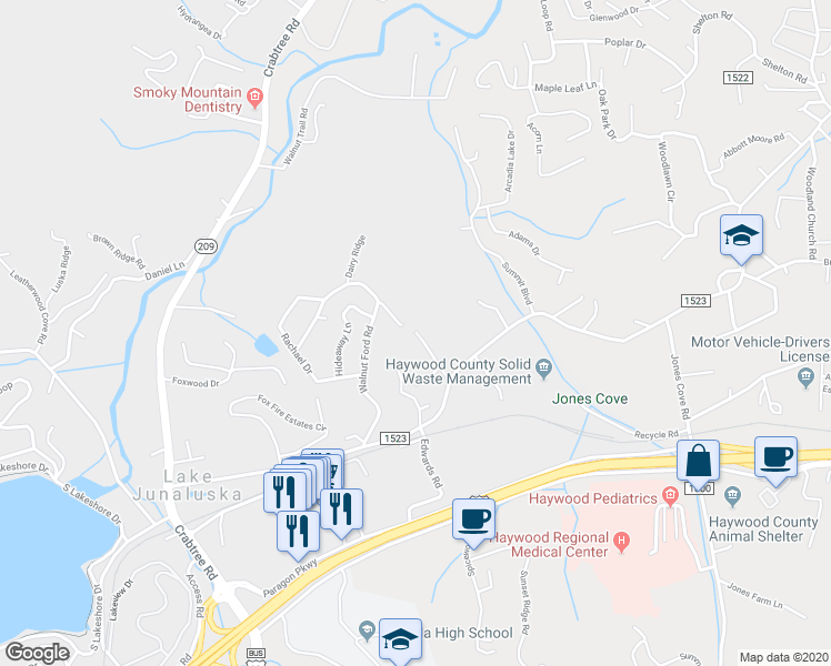 map of restaurants, bars, coffee shops, grocery stores, and more near 139 Wild Cherry Drive in Waynesville