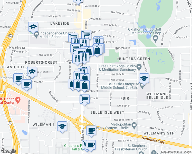 map of restaurants, bars, coffee shops, grocery stores, and more near 6103 North Ross Avenue in Oklahoma City