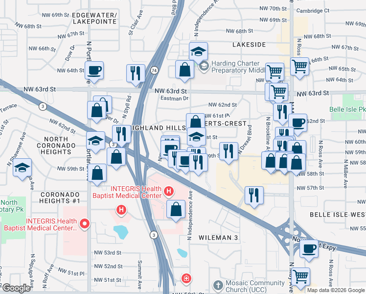 map of restaurants, bars, coffee shops, grocery stores, and more near in Oklahoma City
