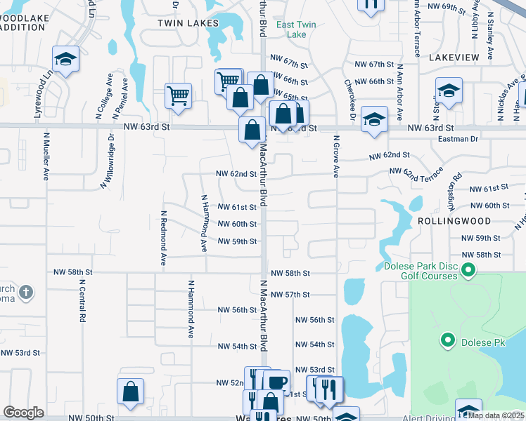 map of restaurants, bars, coffee shops, grocery stores, and more near 6104 North Macarthur Boulevard in Warr Acres
