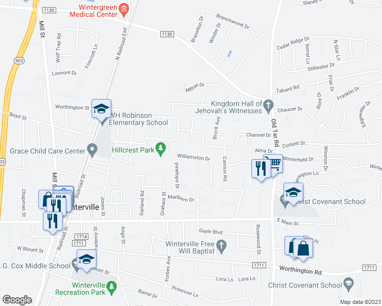 map of restaurants, bars, coffee shops, grocery stores, and more near 431 Williamston Drive in Winterville