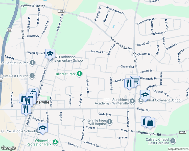 map of restaurants, bars, coffee shops, grocery stores, and more near 431 Williamston Drive in Winterville