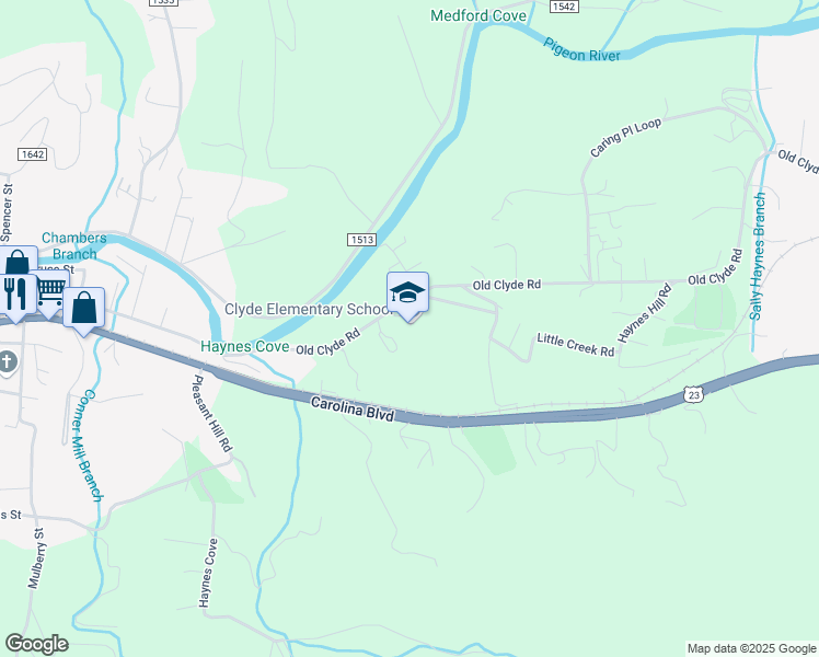map of restaurants, bars, coffee shops, grocery stores, and more near 4182 Old Clyde Road in Clyde