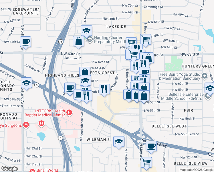 map of restaurants, bars, coffee shops, grocery stores, and more near 3101 Northwest 61st Street in Oklahoma City