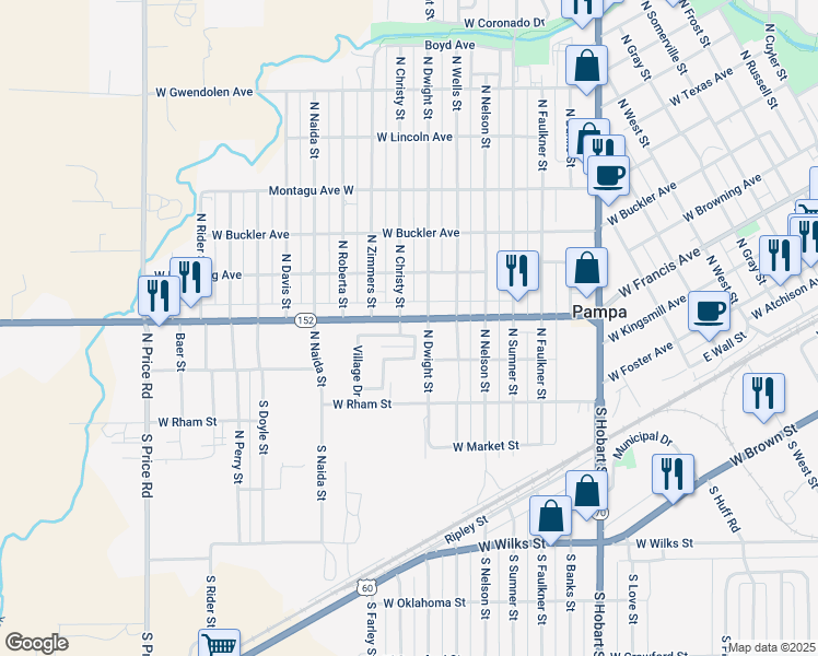 map of restaurants, bars, coffee shops, grocery stores, and more near 1517 Alcock Street in Pampa