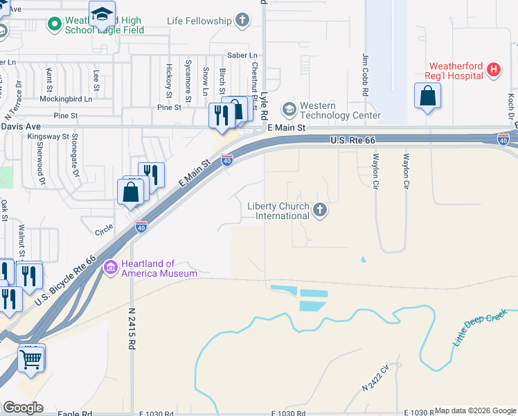 map of restaurants, bars, coffee shops, grocery stores, and more near 2200-2298 Valley View Rd in Weatherford