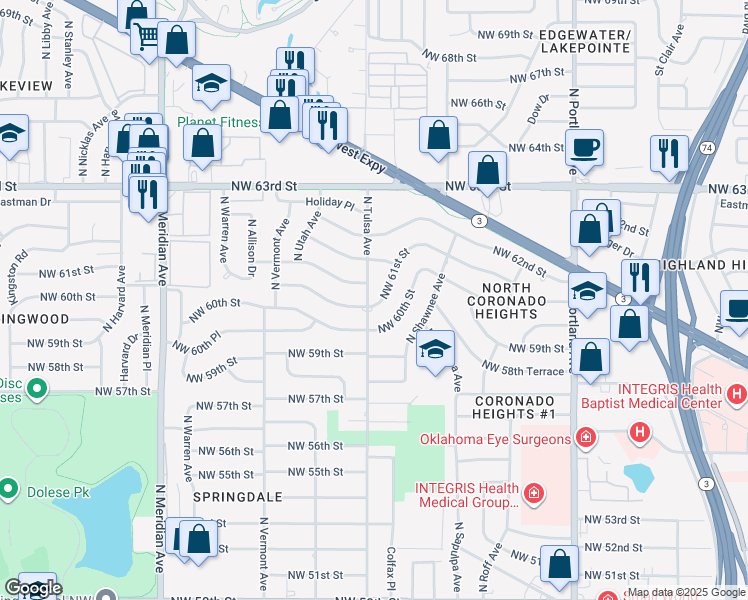map of restaurants, bars, coffee shops, grocery stores, and more near 6200 North Tulsa Avenue in Oklahoma City