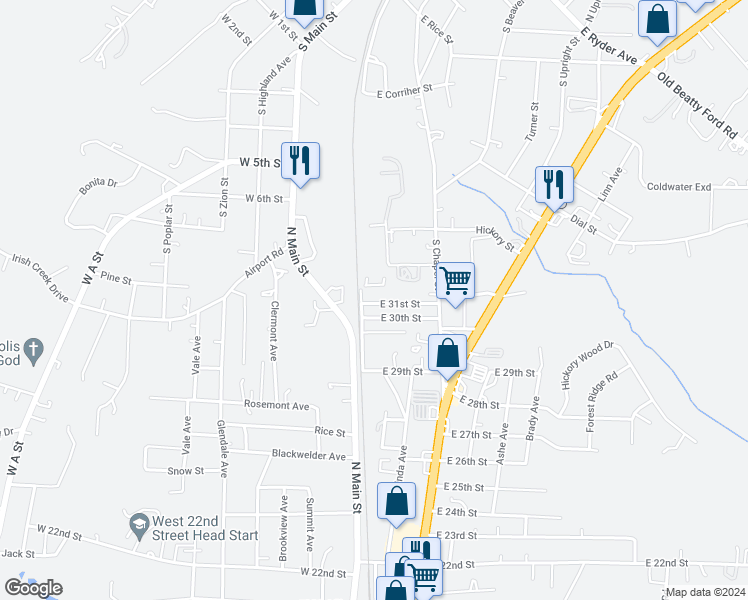 map of restaurants, bars, coffee shops, grocery stores, and more near 111 East 31st Street in Kannapolis