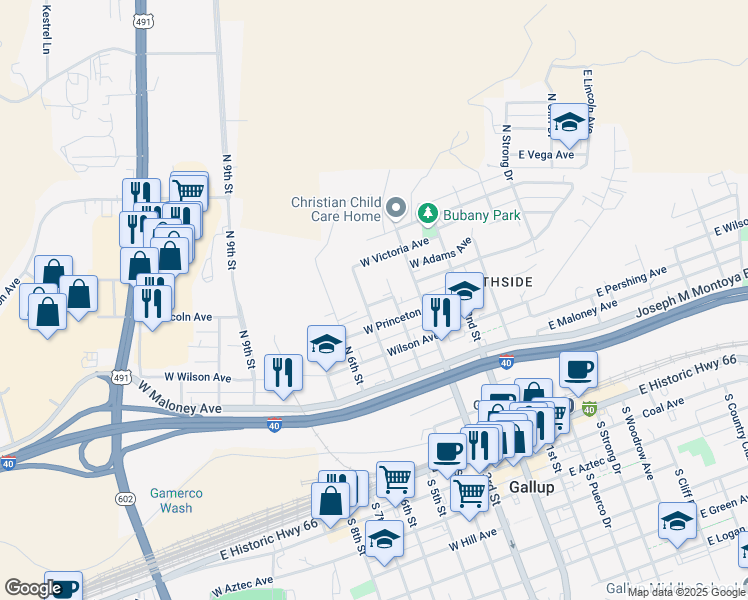 map of restaurants, bars, coffee shops, grocery stores, and more near 631 North 4th Street in Gallup