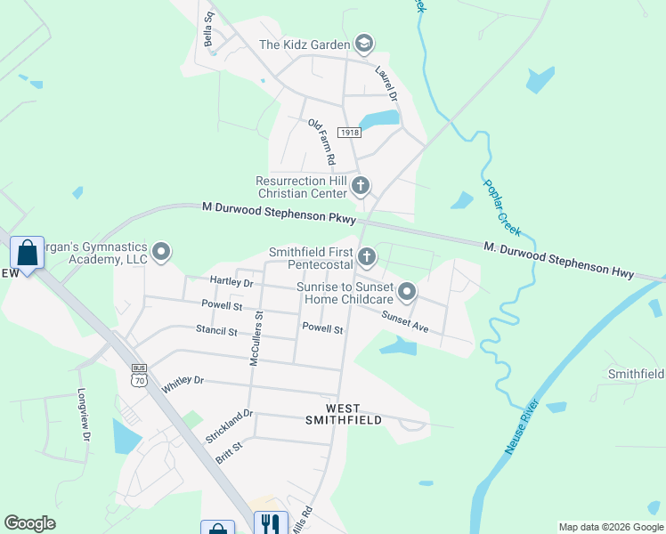 map of restaurants, bars, coffee shops, grocery stores, and more near 102 Shady Lane Drive in Smithfield