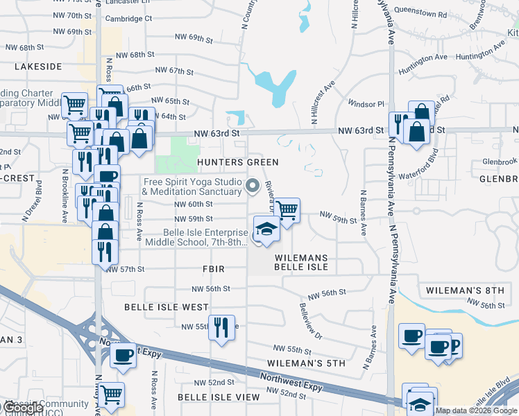 map of restaurants, bars, coffee shops, grocery stores, and more near 6027 Riviera Drive in Oklahoma City