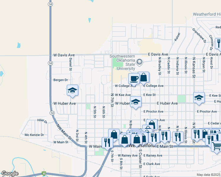 map of restaurants, bars, coffee shops, grocery stores, and more near 723 North 7th Street in Weatherford