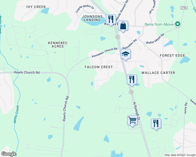 map of restaurants, bars, coffee shops, grocery stores, and more near 8420 Falcon Crest Circle in Angier