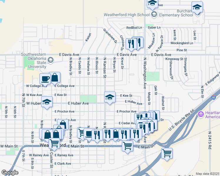 map of restaurants, bars, coffee shops, grocery stores, and more near 800 North Bryan Street in Weatherford