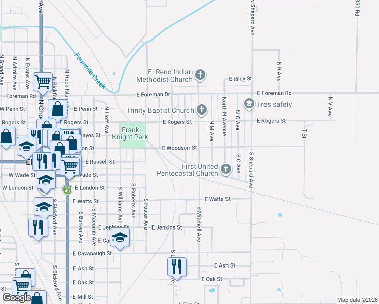 map of restaurants, bars, coffee shops, grocery stores, and more near 104 North K Avenue in El Reno
