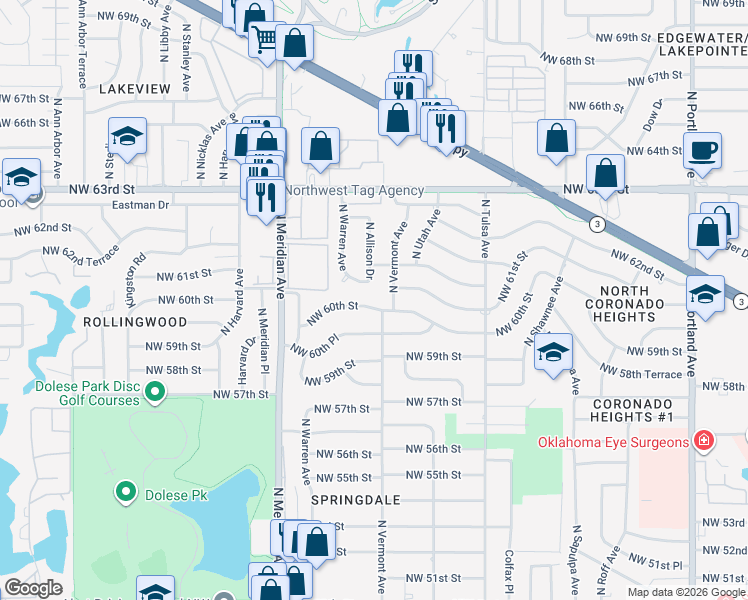 map of restaurants, bars, coffee shops, grocery stores, and more near 4304 Northwest 61st Terrace in Oklahoma City