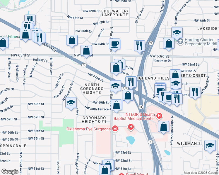 map of restaurants, bars, coffee shops, grocery stores, and more near 3701 Northwest 62nd Street in Oklahoma City