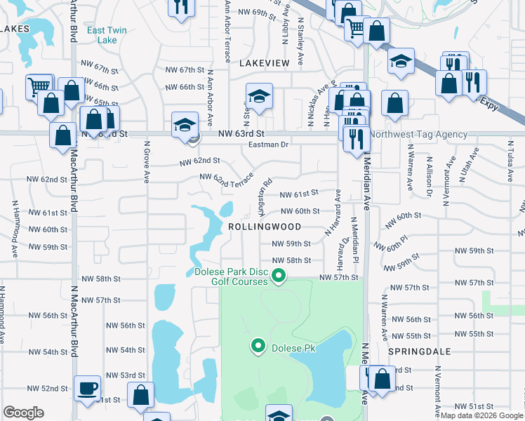 map of restaurants, bars, coffee shops, grocery stores, and more near 6121 Kingston Road in Oklahoma City