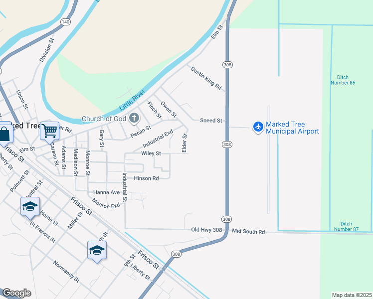 map of restaurants, bars, coffee shops, grocery stores, and more near 10 Elder Street in Marked Tree