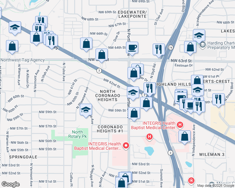 map of restaurants, bars, coffee shops, grocery stores, and more near 6112 North Quapah Avenue in Oklahoma City
