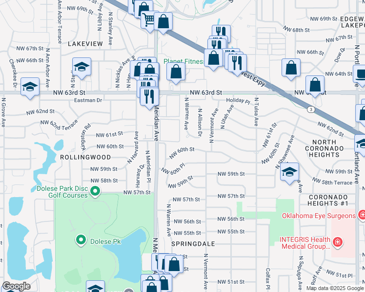 map of restaurants, bars, coffee shops, grocery stores, and more near 4328 Northwest 61st Terrace in Oklahoma City