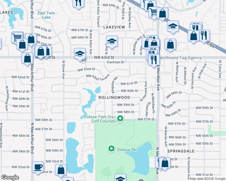 map of restaurants, bars, coffee shops, grocery stores, and more near 6121 Kingston Road in Oklahoma City