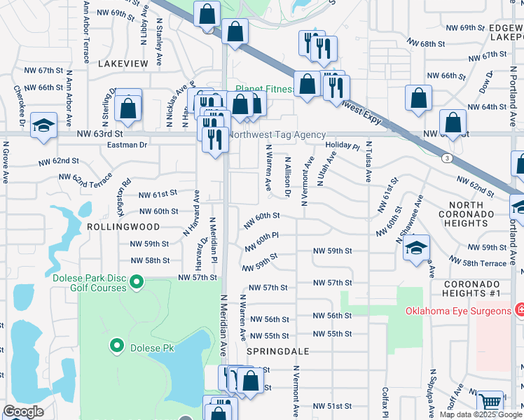 map of restaurants, bars, coffee shops, grocery stores, and more near 4328 Northwest 61st Terrace in Oklahoma City