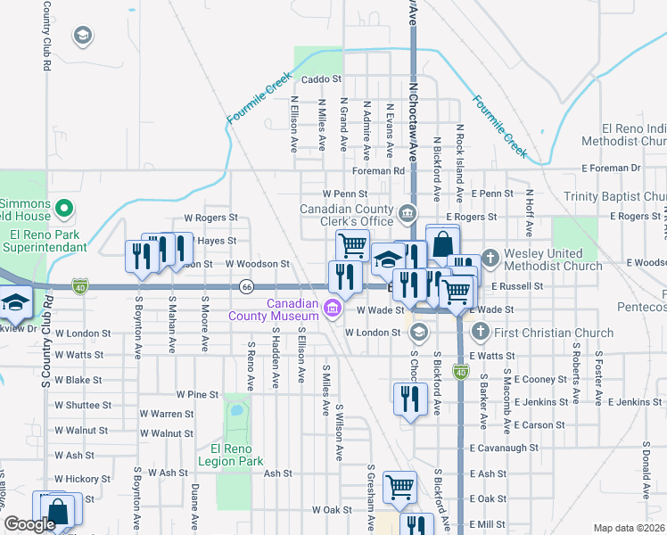 map of restaurants, bars, coffee shops, grocery stores, and more near 520 West Woodson Street in El Reno