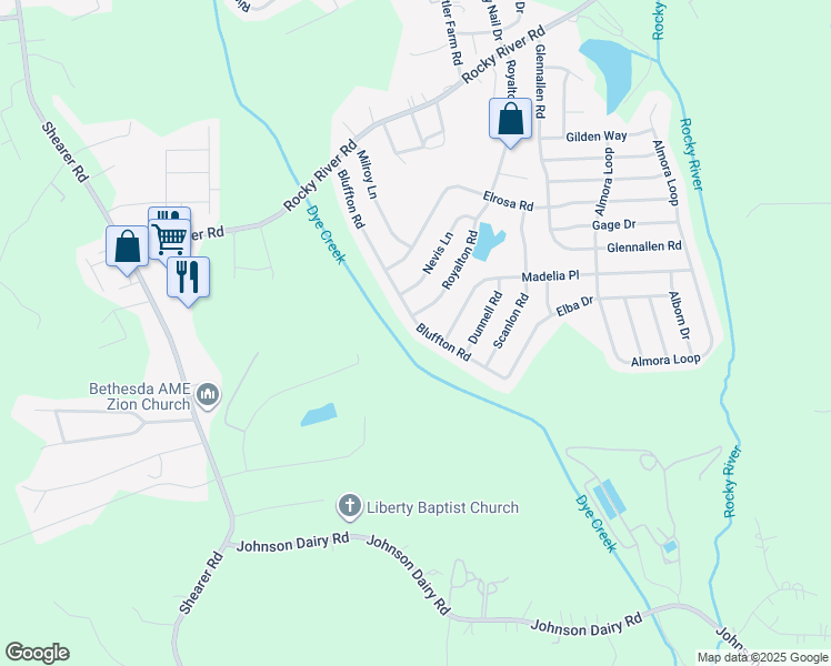 map of restaurants, bars, coffee shops, grocery stores, and more near 178 Bluffton Road in Mooresville