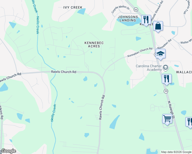 map of restaurants, bars, coffee shops, grocery stores, and more near 1901 Rawls Church Road in Angier