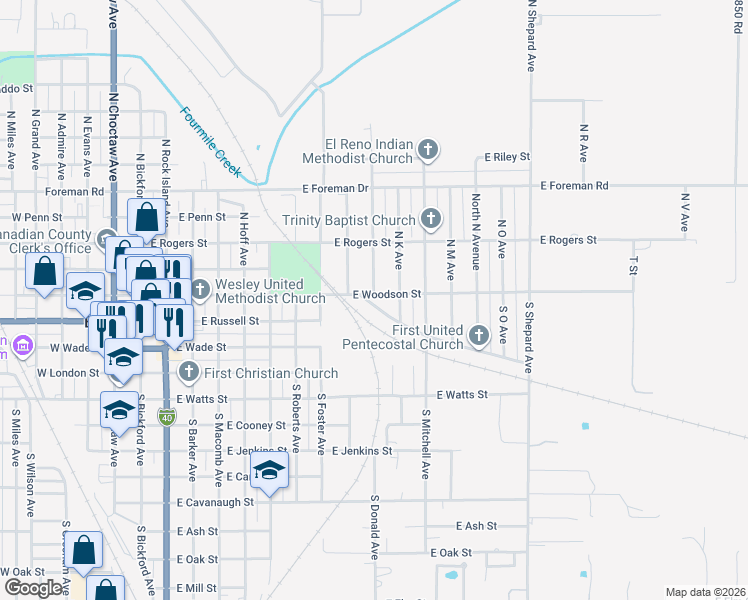 map of restaurants, bars, coffee shops, grocery stores, and more near 103 North Donald Avenue in El Reno