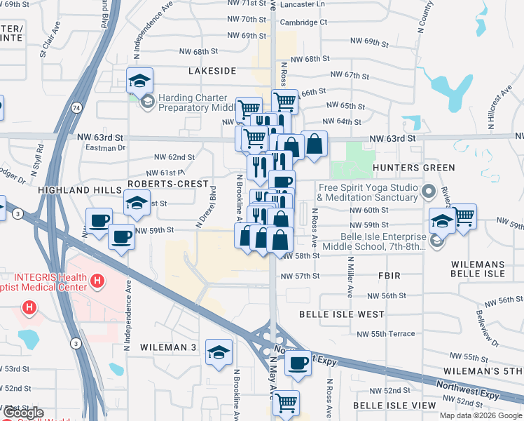 map of restaurants, bars, coffee shops, grocery stores, and more near 6101 North May Avenue in Oklahoma City
