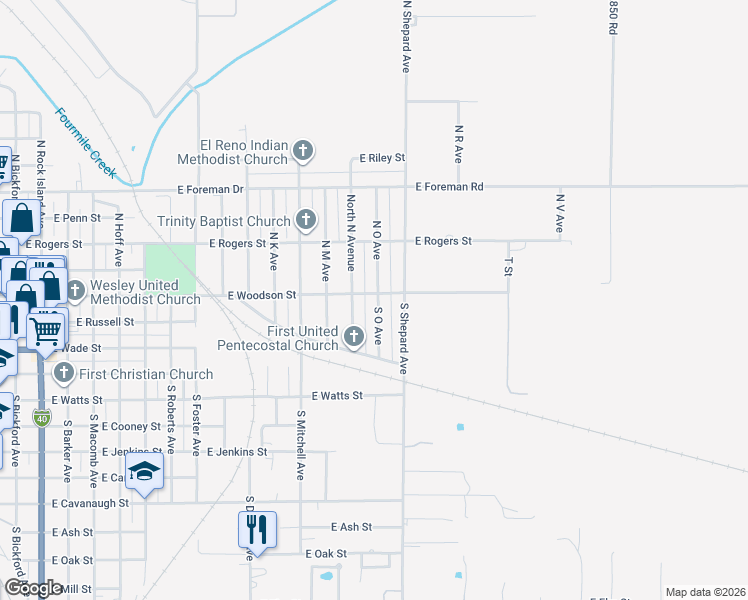 map of restaurants, bars, coffee shops, grocery stores, and more near 1501 East Woodson Street in El Reno