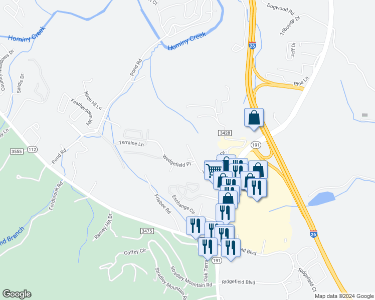 map of restaurants, bars, coffee shops, grocery stores, and more near 54 Wedgefield Drive in Asheville