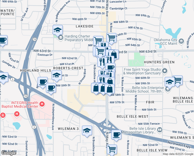 map of restaurants, bars, coffee shops, grocery stores, and more near 6100 North Brookline Avenue in Oklahoma City