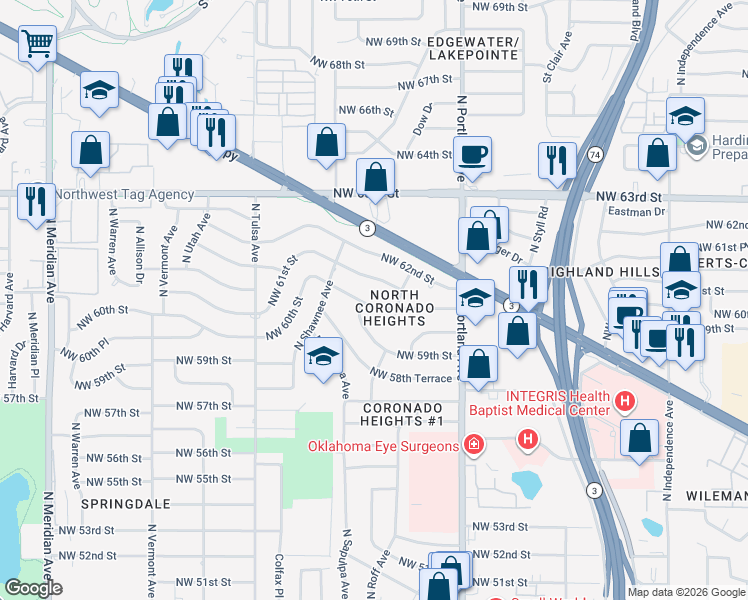 map of restaurants, bars, coffee shops, grocery stores, and more near 3812 Northwest 61st Street in Oklahoma City
