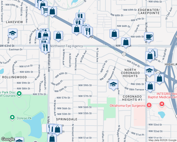 map of restaurants, bars, coffee shops, grocery stores, and more near 4209 Northwest 61st Street in Oklahoma City