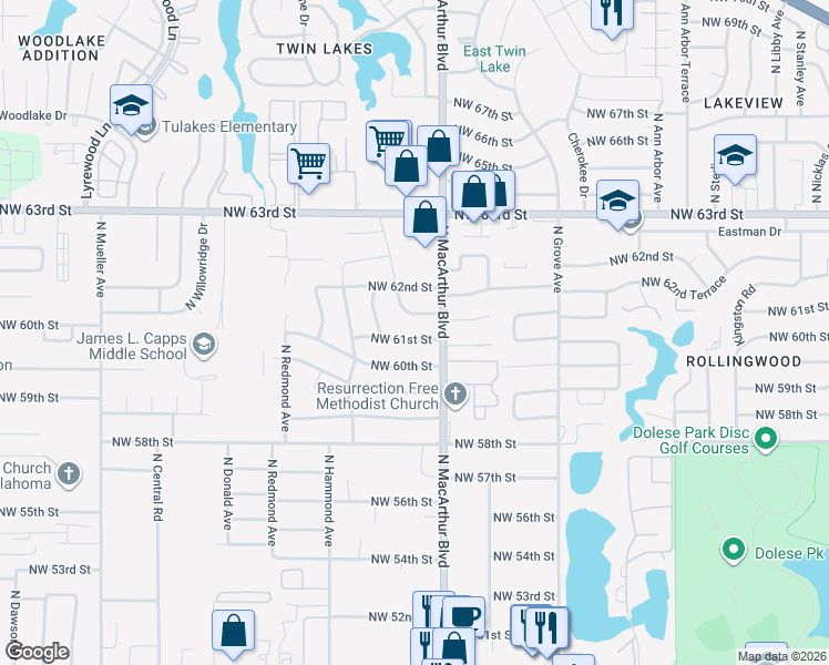 map of restaurants, bars, coffee shops, grocery stores, and more near 6213 Norman Road in Warr Acres