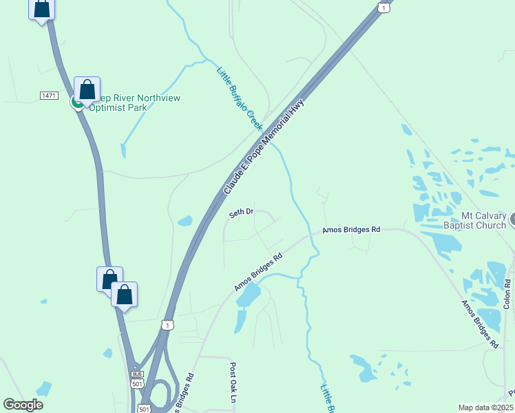 map of restaurants, bars, coffee shops, grocery stores, and more near 3301 Seth Drive in Sanford
