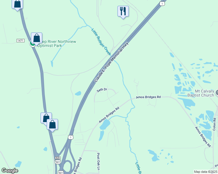 map of restaurants, bars, coffee shops, grocery stores, and more near 3301 Seth Drive in Sanford