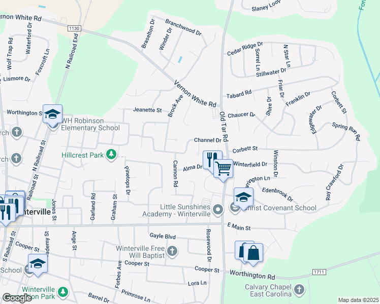 map of restaurants, bars, coffee shops, grocery stores, and more near 538 Channel Drive in Winterville