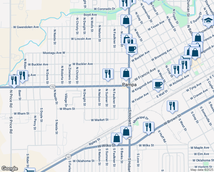 map of restaurants, bars, coffee shops, grocery stores, and more near 301 North Sumner Street in Pampa