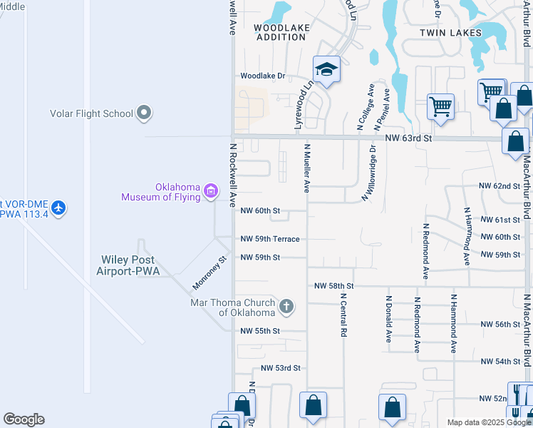 map of restaurants, bars, coffee shops, grocery stores, and more near 6924 Northwest 60th Drive in Bethany