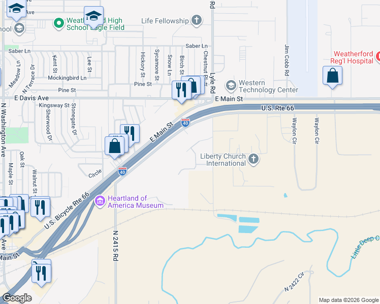 map of restaurants, bars, coffee shops, grocery stores, and more near 2107 Valley View Road in Weatherford