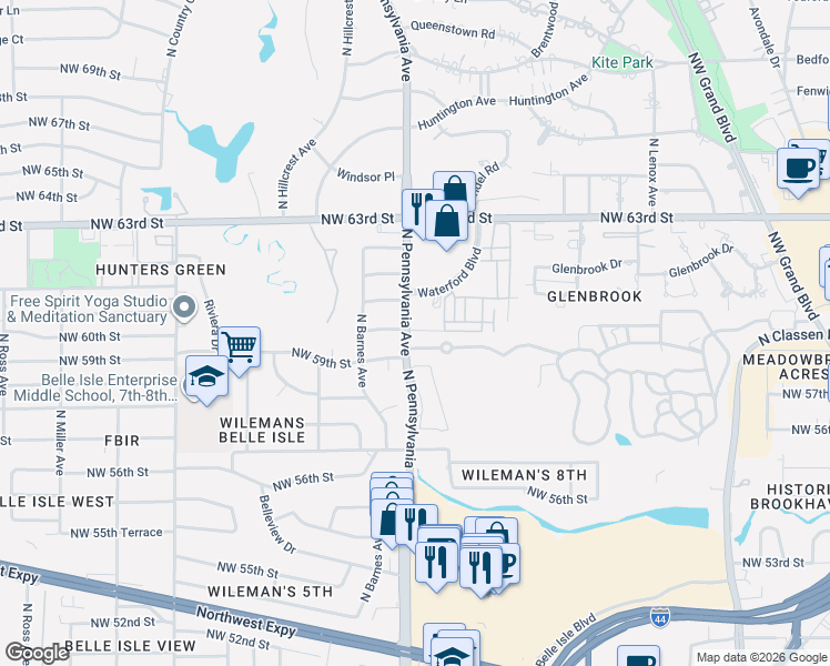map of restaurants, bars, coffee shops, grocery stores, and more near 6110 North Pennsylvania Avenue in Oklahoma City