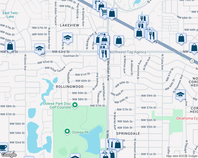 map of restaurants, bars, coffee shops, grocery stores, and more near 6113 North Meridian Avenue in Oklahoma City