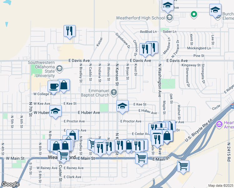 map of restaurants, bars, coffee shops, grocery stores, and more near 814 North Kansas Street in Weatherford