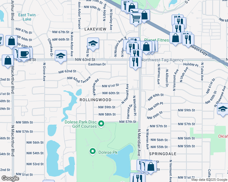 map of restaurants, bars, coffee shops, grocery stores, and more near 4636 Northwest 61st Street in Oklahoma City