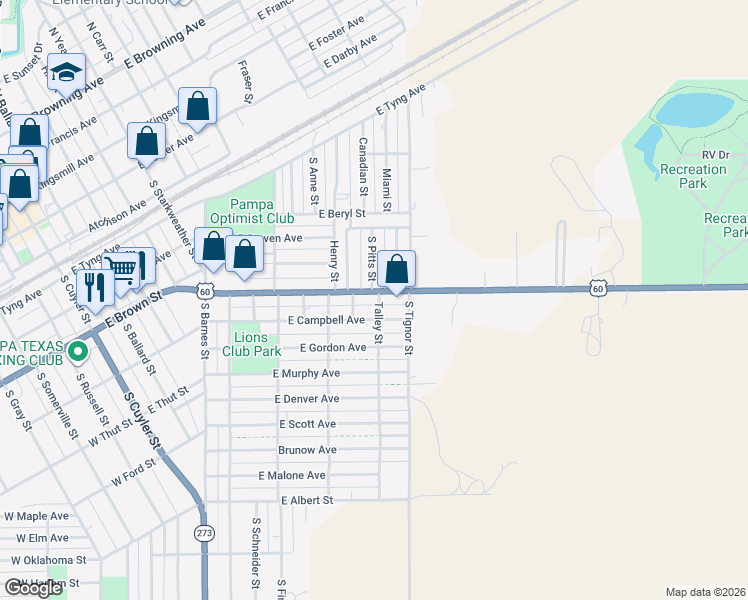 map of restaurants, bars, coffee shops, grocery stores, and more near 938 East Frederick Avenue in Pampa